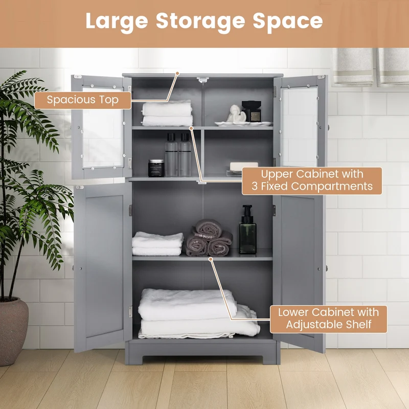 Bathroom Floor Storage Cabinet With Doors, Adjustable Shelf, Gray