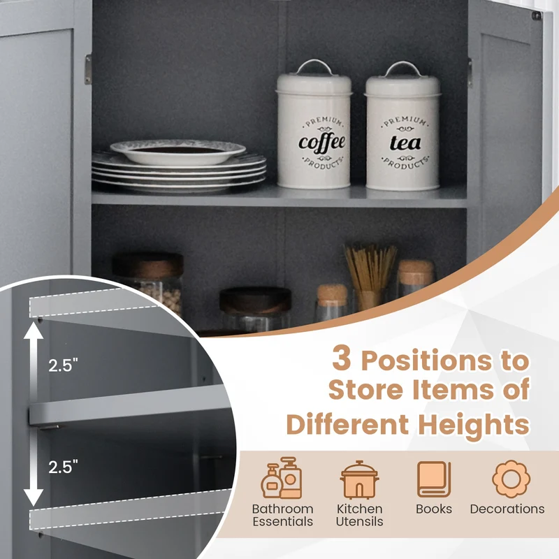 Bathroom Floor Storage Cabinet With Doors, Adjustable Shelf, Gray