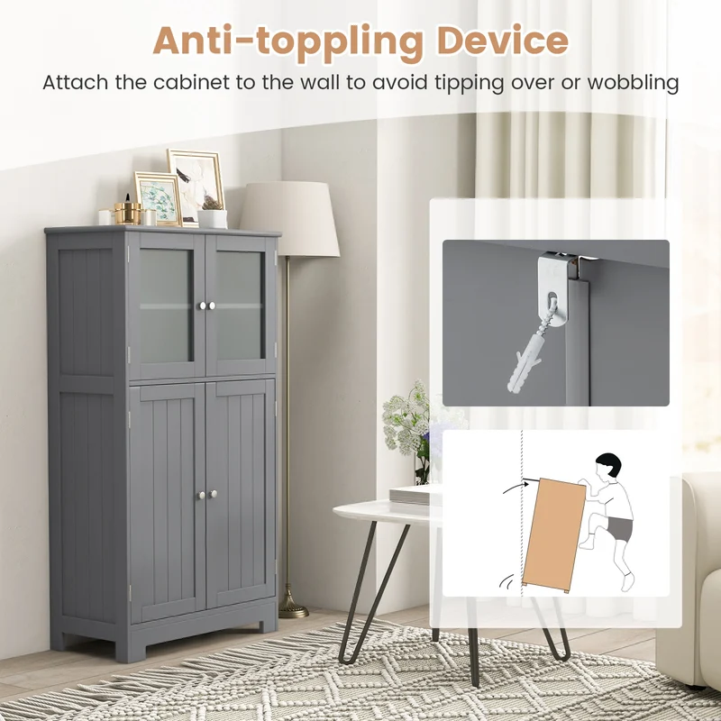 Bathroom Floor Storage Cabinet With Doors, Adjustable Shelf, Gray