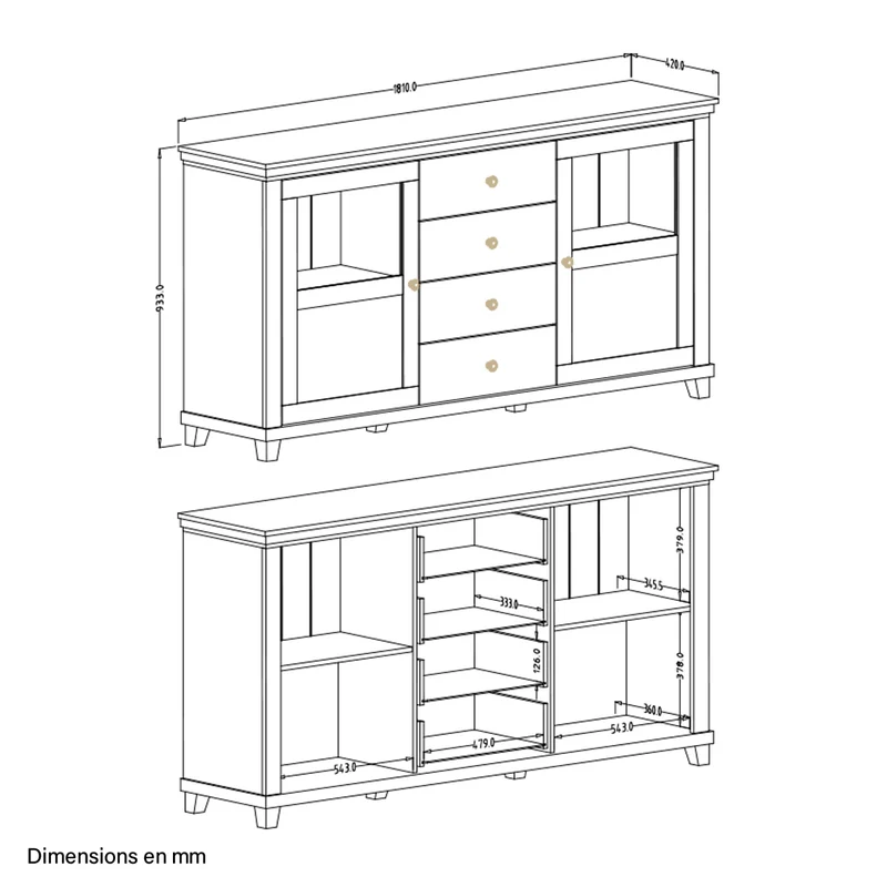 Buffet 2 portes 4 tiroirs Martin Beige et Bois