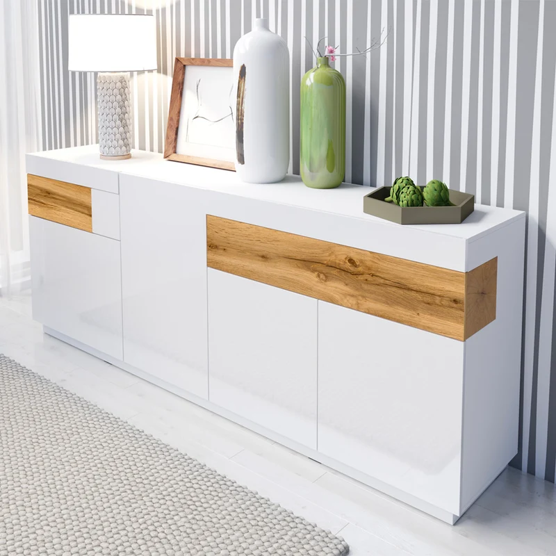 Buffet 4 portes 2 tiroirs Andrea Blanc et Bois