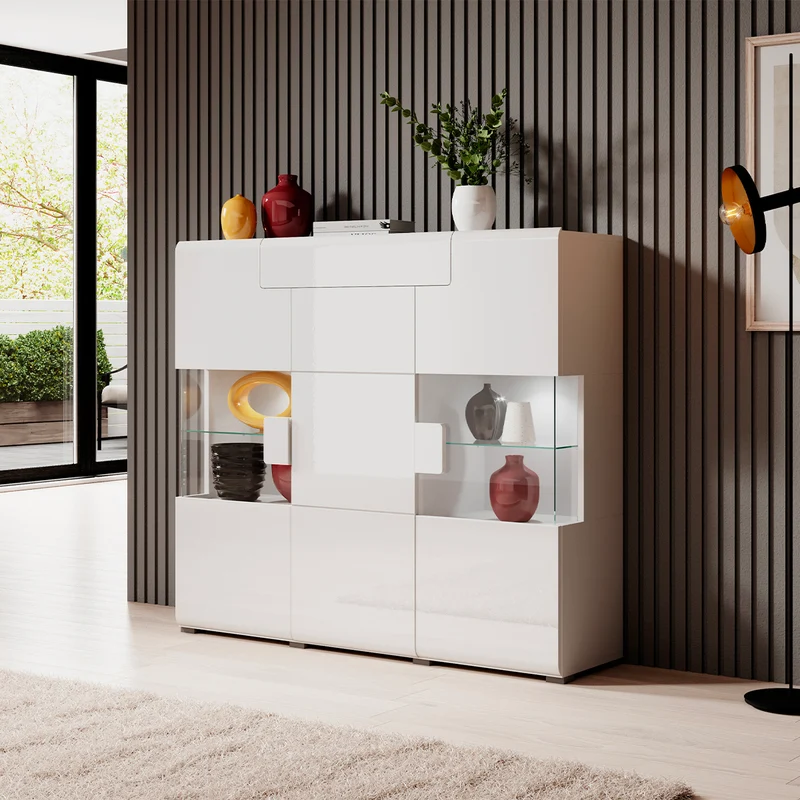 Buffet haut 3 portes 1 tiroir avec LED Jules Blanc