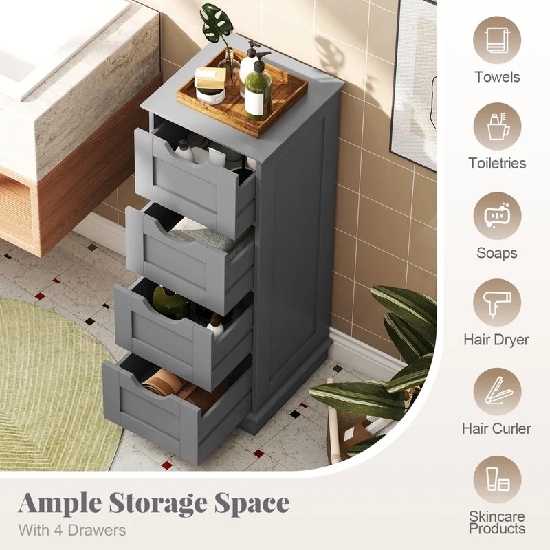 Bathroom Storage Cabinet, 4 Drawers, Gray