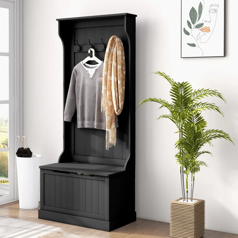 3-In-1 Hall Tree, Coat Rack, Shoe Storage, Bench Seat, Black