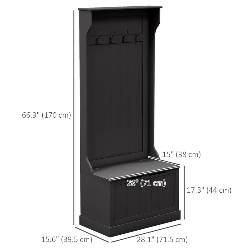 3-In-1 Hall Tree, Coat Rack, Shoe Storage, Bench Seat, Black