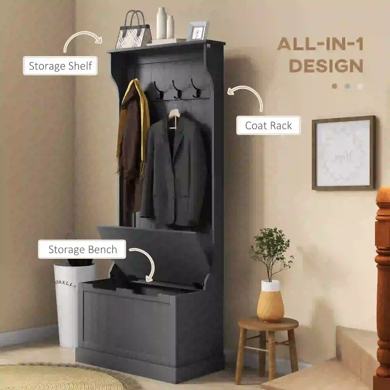 3-In-1 Hall Tree, Coat Rack, Shoe Storage, Bench Seat, Black