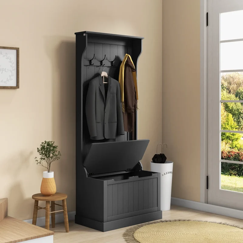 3-In-1 Hall Tree, Coat Rack, Shoe Storage, Bench Seat, Black