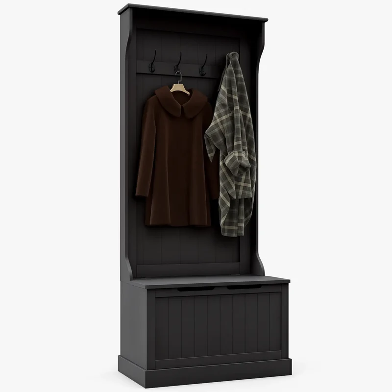 3-In-1 Hall Tree, Coat Rack, Shoe Storage, Bench Seat, Black