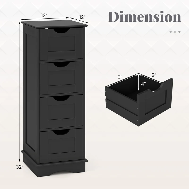 Bathroom Storage Cabinet, 4 Drawers, Black
