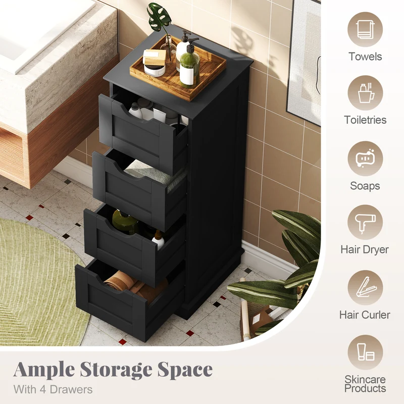 Bathroom Storage Cabinet, 4 Drawers, Black