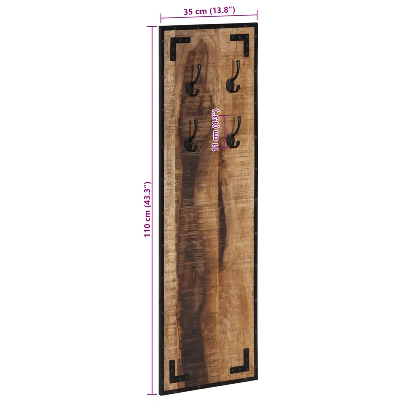 Porte-manteau mural décoratif design scandinave 35 x 8 x 110 cm avec 4 crochets en bois de manguier brut 02_0047360