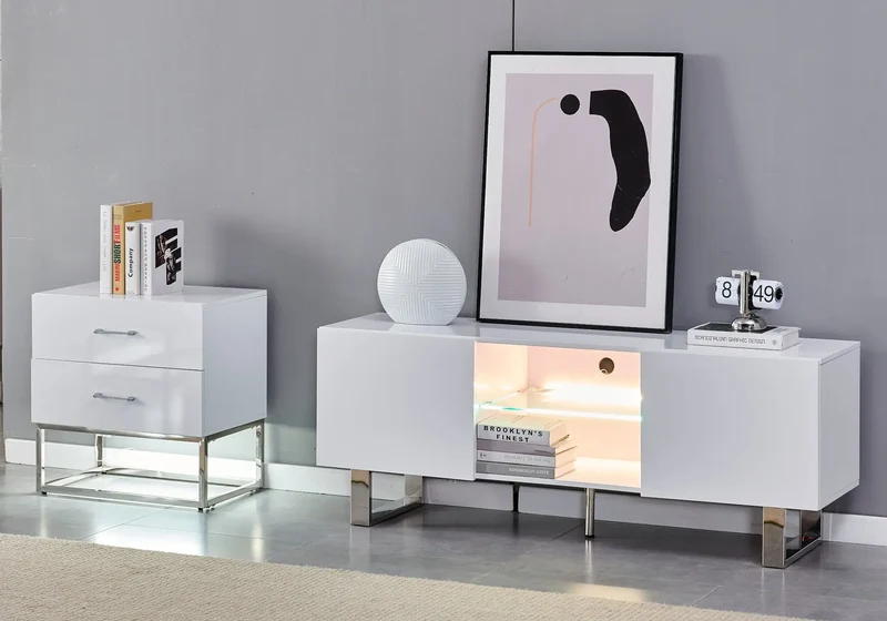 Petit meuble rangement argent laqué blanc - Line