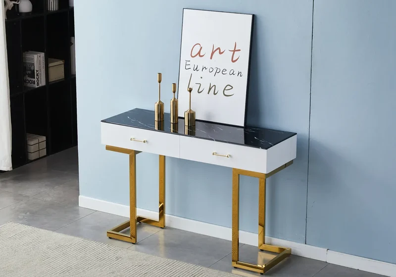 Console coiffeuse dorée marbre noir - Lena