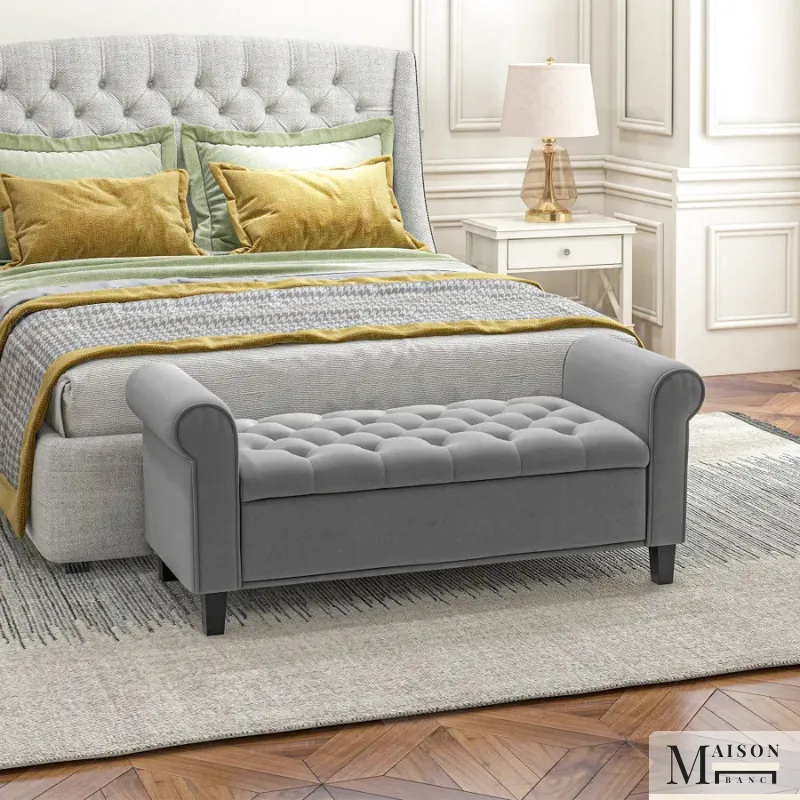 Banc Coffre Classique Velours Capitonné Gris | Effet Suite Bellina