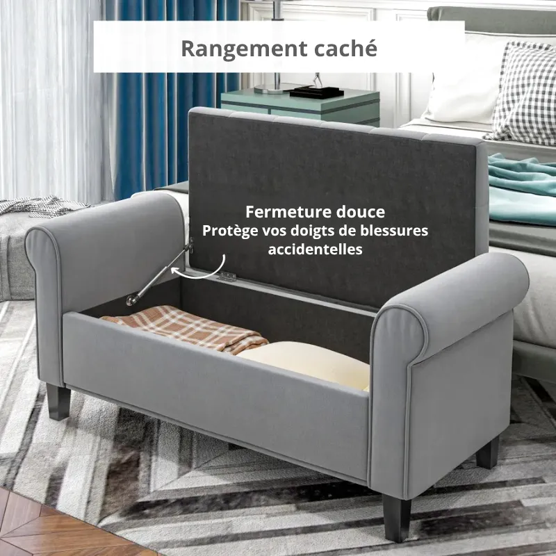 Banc Coffre Classique Velours Capitonné Gris | Effet Suite Bellina