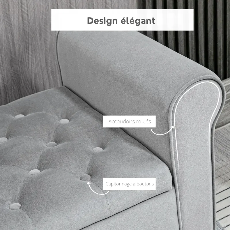 Banc Coffre Classique Velours Capitonné Gris | Effet Suite Bellina