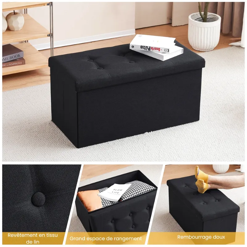Banc Coffre Pliable Noir avec Assise Confortable | Design Décoratif