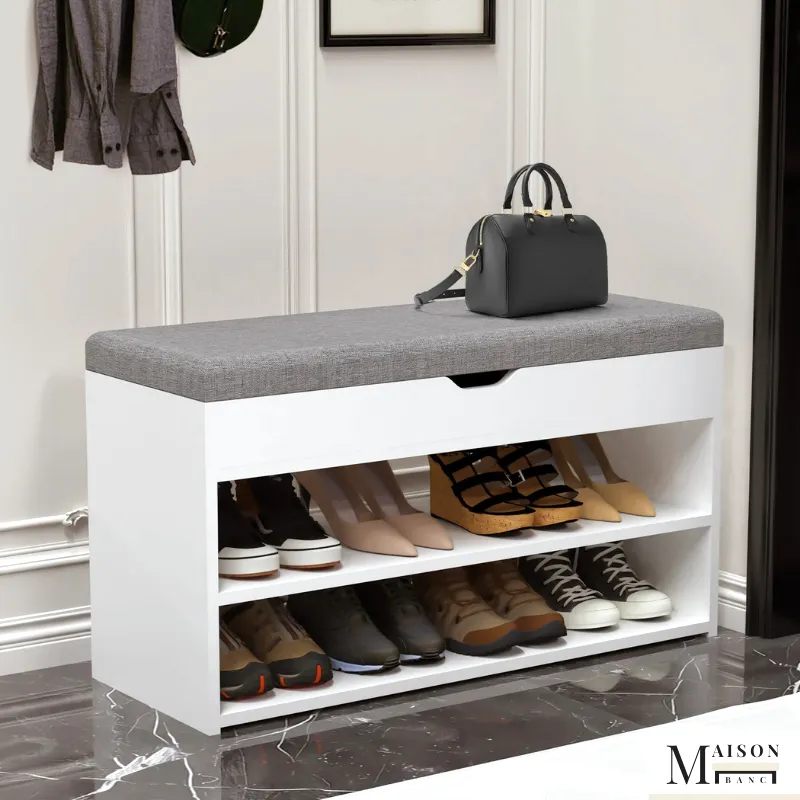 Banc à Chaussures Scandinave Blanc et Gris | Rangement 3 Niveaux avec Coussin Confort
