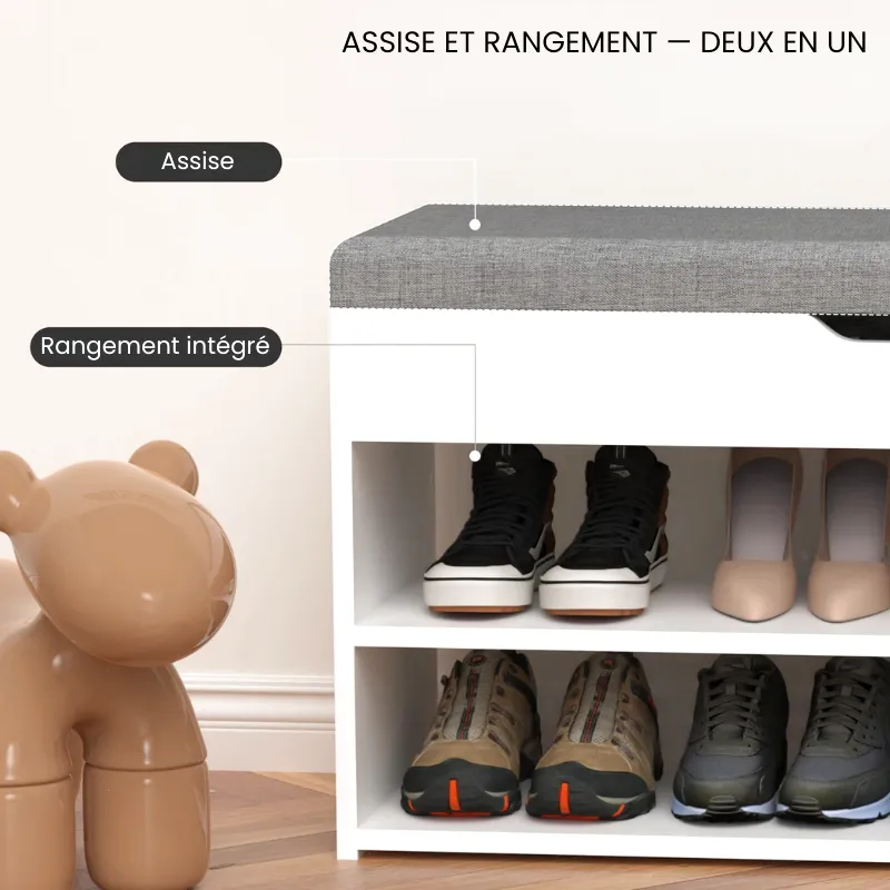 Banc à Chaussures Scandinave Blanc et Gris | Rangement 3 Niveaux avec Coussin Confort