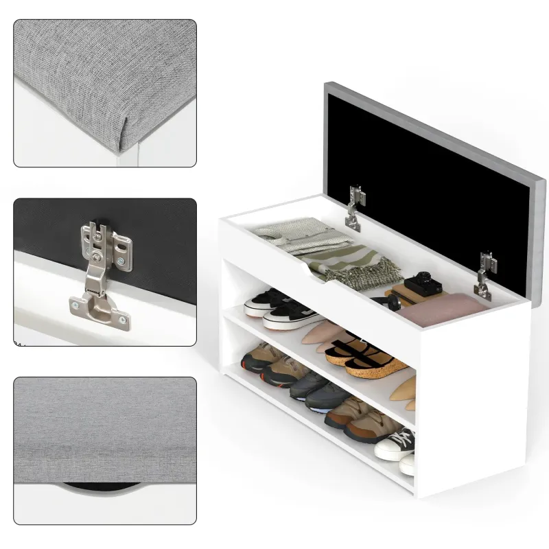 Banc à Chaussures Scandinave Blanc et Gris | Rangement 3 Niveaux avec Coussin Confort