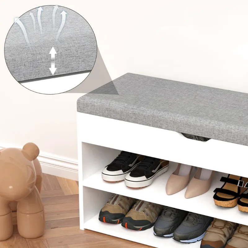 Banc à Chaussures Scandinave Blanc et Gris | Rangement 3 Niveaux avec Coussin Confort