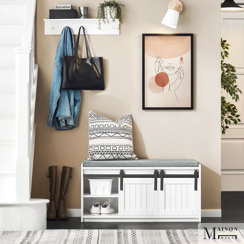 Banc à Chaussures Design Scandinave Blanc | Assise Confort avec Rangement Coulissant