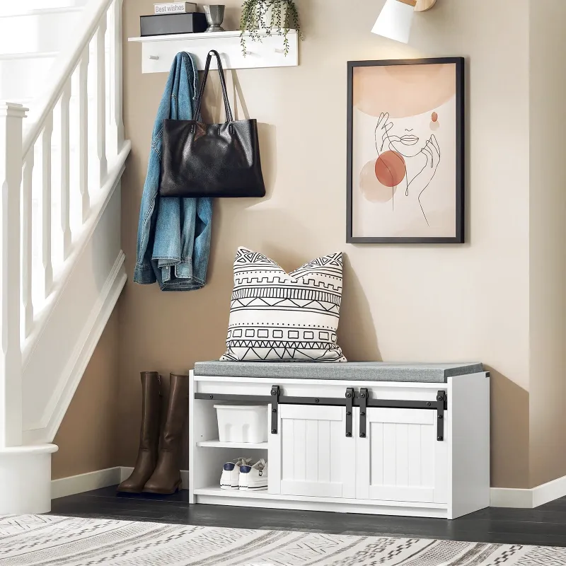 Banc à Chaussures Design Scandinave Blanc | Assise Confort avec Rangement Coulissant