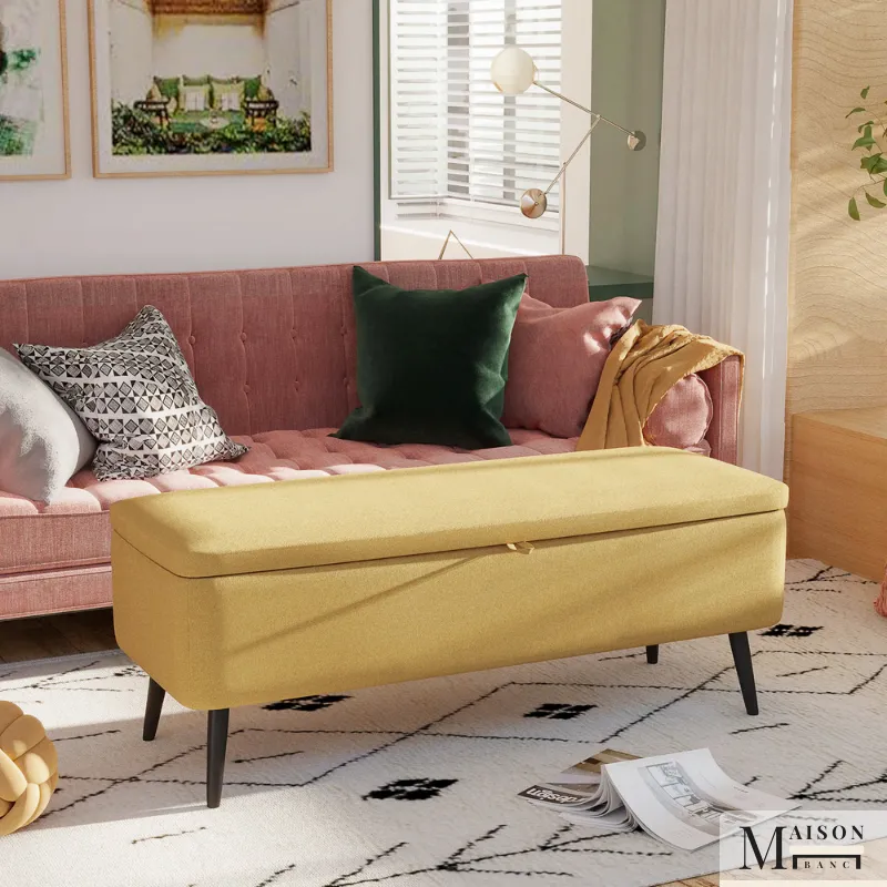 Banc Coffre Design Scandinave Jaune | Assise Rembourrée avec Rangement