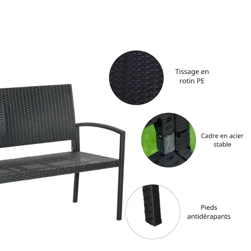 Banc de Jardin Moderne Minimaliste | Structure Métal et Rotin Résistant