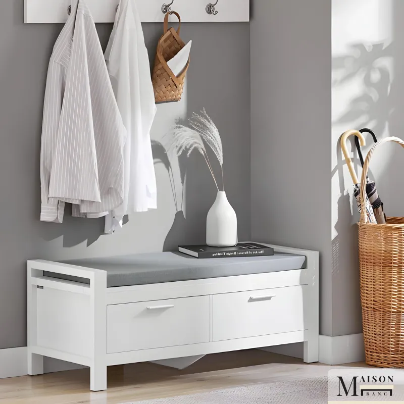 Banc d’Entrée Minimaliste Blanc | Design Scandinave avec Assise et Rangement