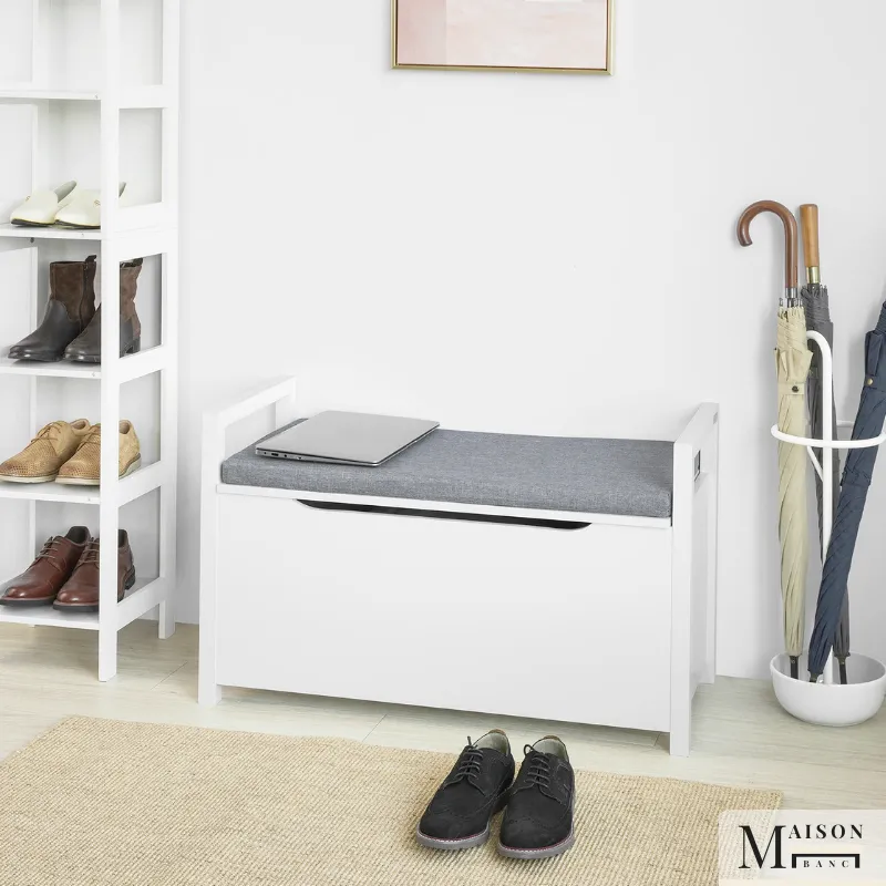 Banc Coffre d’Entrée Scandinave Blanc | Coussin Gris et Rangement Discret