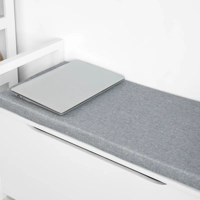 Banc Coffre d’Entrée Scandinave Blanc | Coussin Gris et Rangement Discret