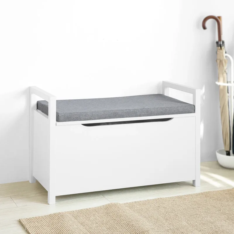 Banc Coffre d’Entrée Scandinave Blanc | Coussin Gris et Rangement Discret
