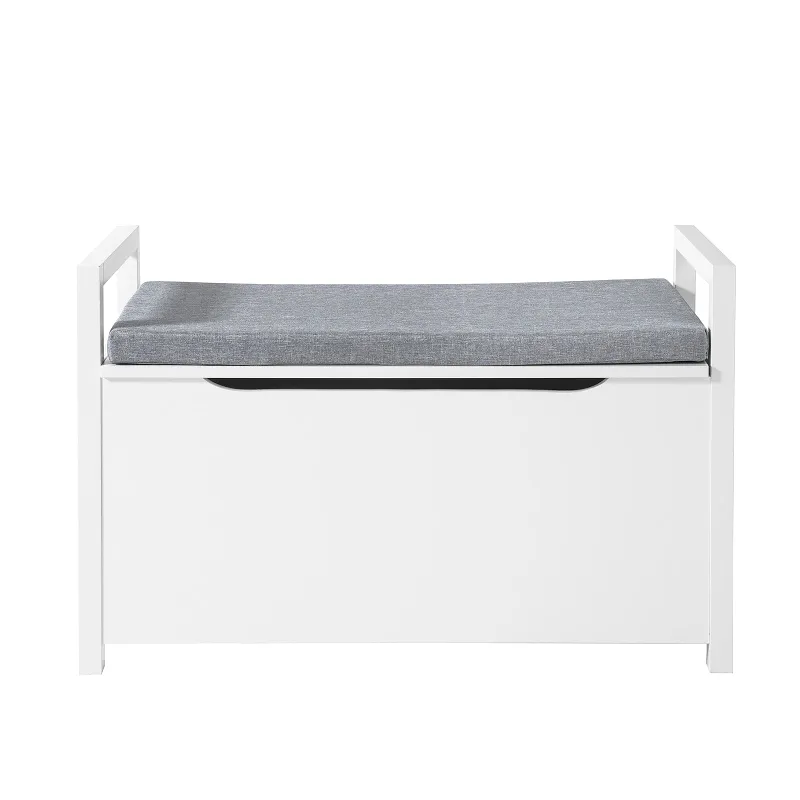 Banc Coffre d’Entrée Scandinave Blanc | Coussin Gris et Rangement Discret