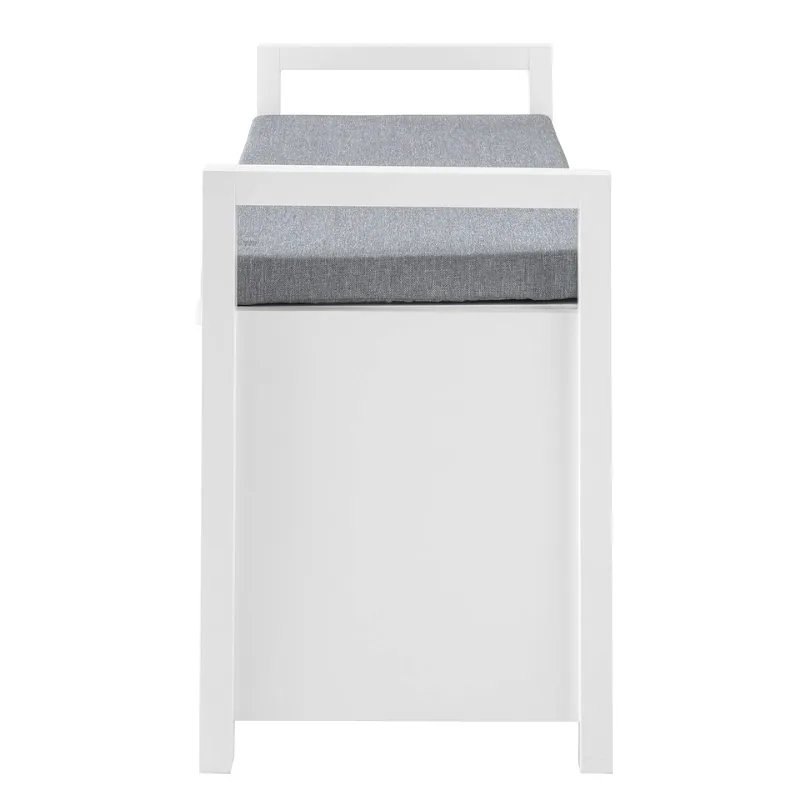 Banc Coffre d’Entrée Scandinave Blanc | Coussin Gris et Rangement Discret