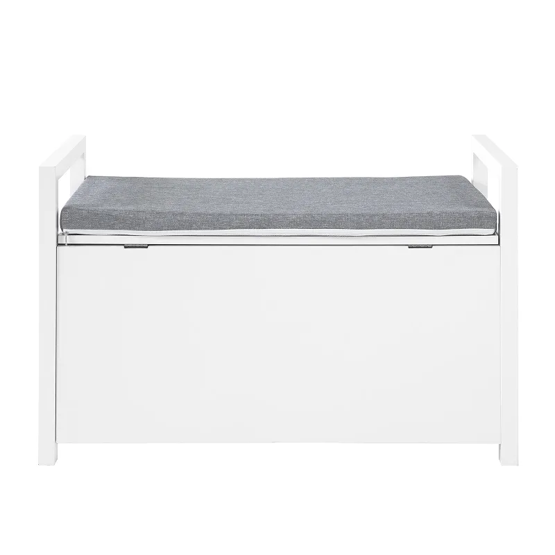 Banc Coffre d’Entrée Scandinave Blanc | Coussin Gris et Rangement Discret