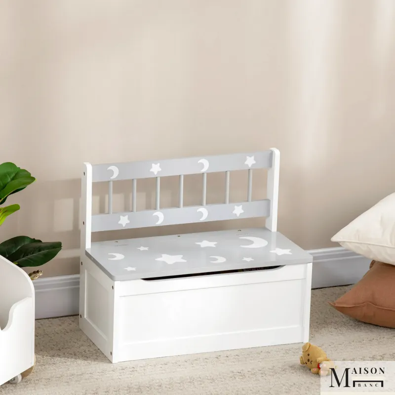 Banc Coffre de Rangement Enfant 2-en-1 Blanc et Gris | Design Scandinave Moderne