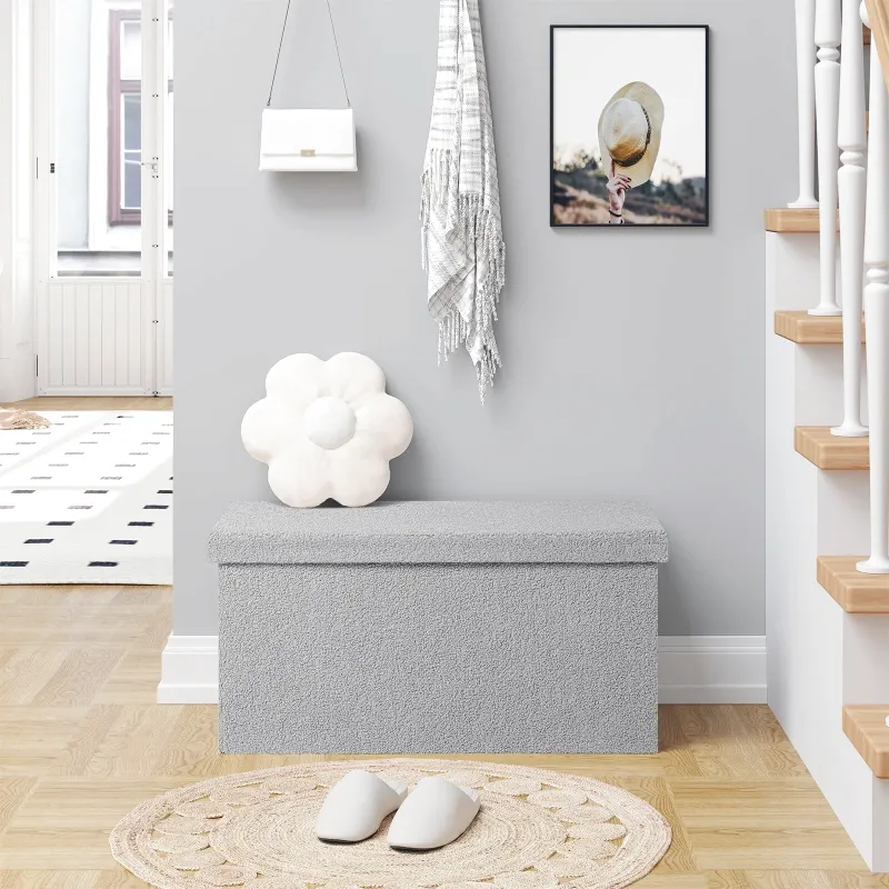 Banc Coffre Pliable en Tissu Teddy | Design Scandinave et Rangement 80L