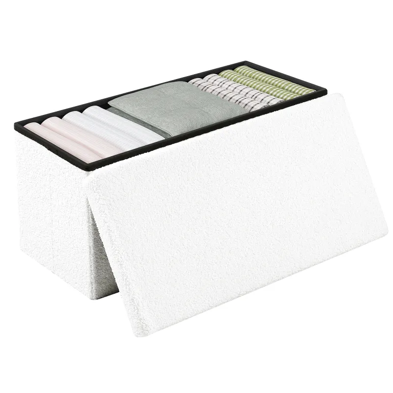 Banc Coffre Pliable en Tissu Teddy | Design Scandinave et Rangement 80L