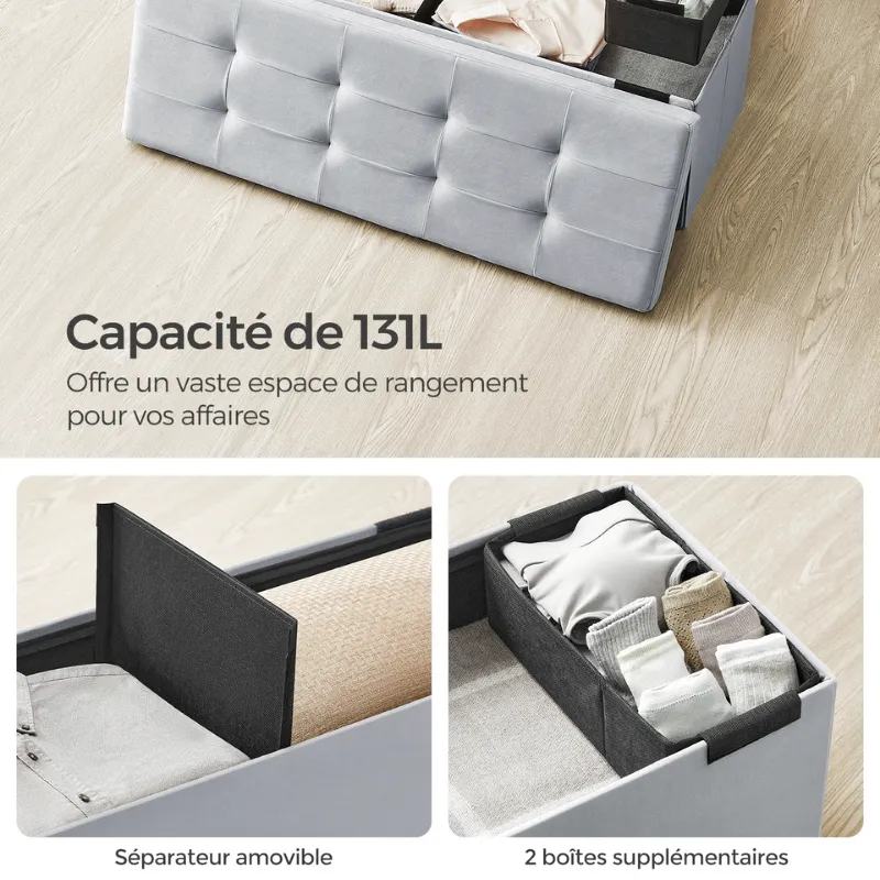 Banc Coffre Pliable en Velours avec 131L de Rangement | Design Moderne Scandinave