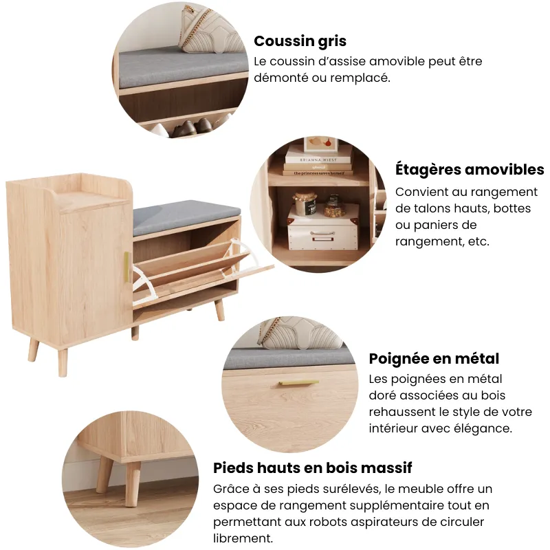Banc à Chaussures 2 en 1 avec Assise Confort | Style Scandinave et Moderne