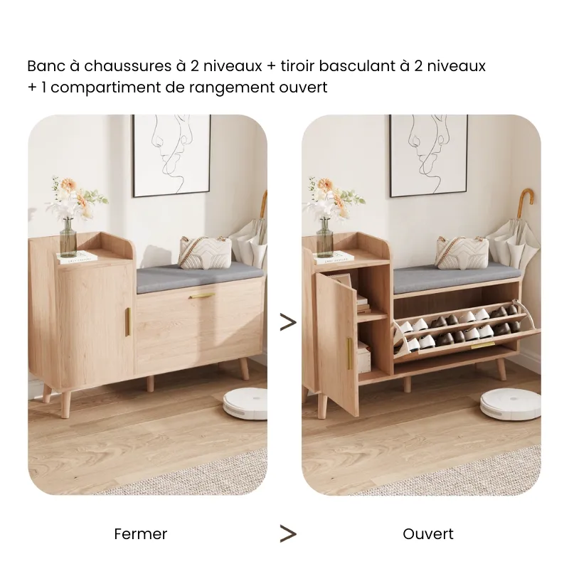Banc à Chaussures 2 en 1 avec Assise Confort | Style Scandinave et Moderne