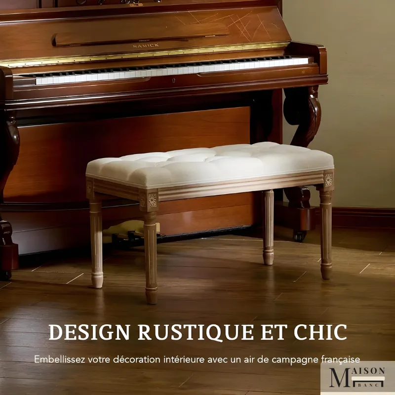 Banc d’Entrée Ottoman de Prestige Beige | Bois Sculpté et Lin Capitonné
