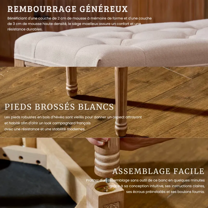 Banc d’Entrée Ottoman de Prestige Beige | Bois Sculpté et Lin Capitonné