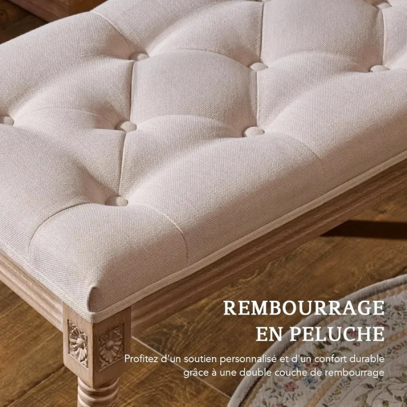 Banc d’Entrée Ottoman de Prestige Beige | Bois Sculpté et Lin Capitonné