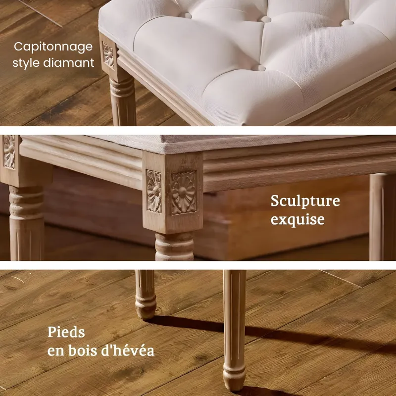 Banc d’Entrée Ottoman de Prestige Beige | Bois Sculpté et Lin Capitonné