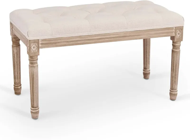 Banc d’Entrée Ottoman de Prestige Beige | Bois Sculpté et Lin Capitonné
