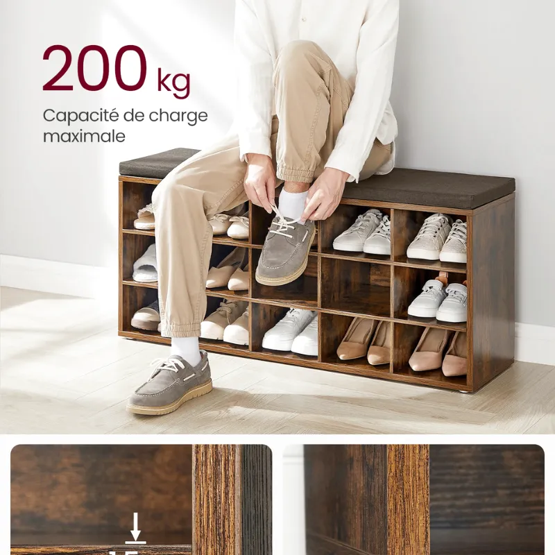 Banc à Chaussures Design Rustique Décoratif avec Coussin | Rangement 15 Compartiments