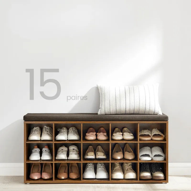 Banc à Chaussures Design Rustique Décoratif avec Coussin | Rangement 15 Compartiments