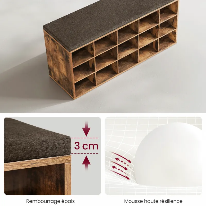 Banc à Chaussures Design Rustique Décoratif avec Coussin | Rangement 15 Compartiments